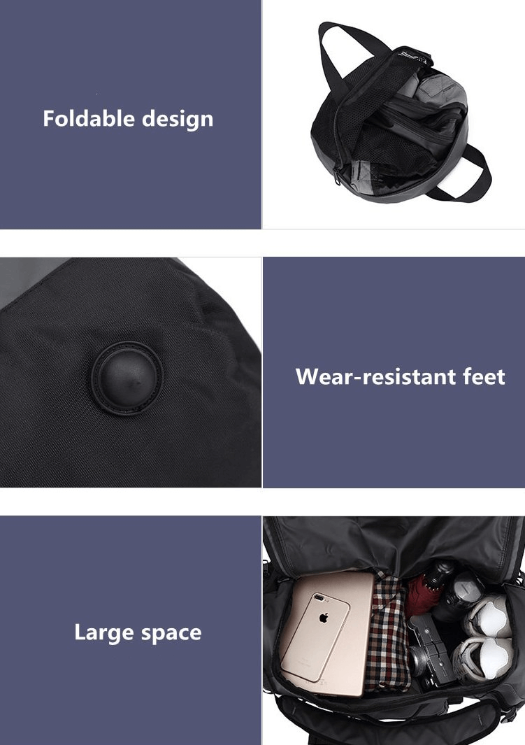 Interior view of a waterproof sports bag SF0920 with foldable design, wear-resistant feet, and spacious compartments for training essentials.